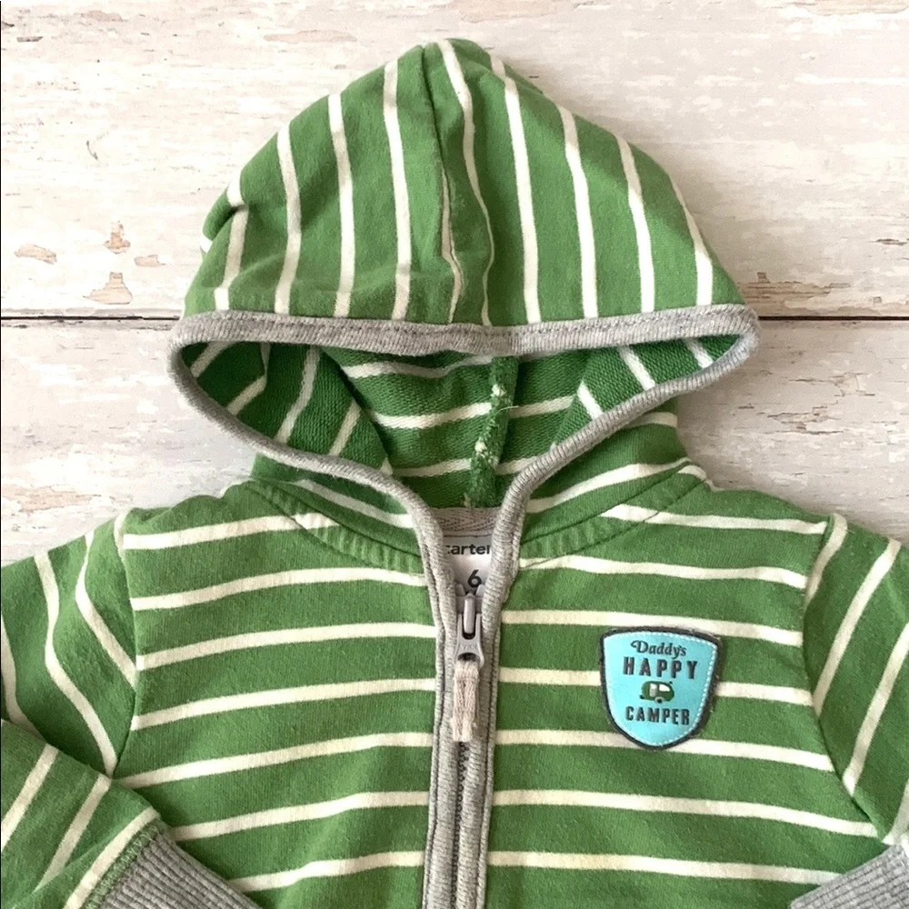 Carters 6m Zip Up Hoodie Jacket Baby Boy Green Gray Stripes Sweatshirt Jacket